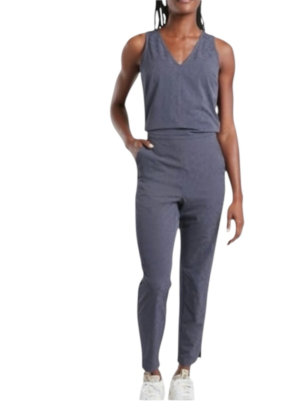ATHLETA Brooklyn Animal Print Jacquard V neck Jumpsuit Slate Blue Size 12 -- WOW